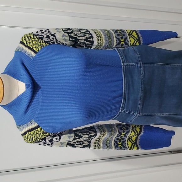 FREE PEOPLE Prism Sky Sweater Blue Bell Combo Top Sweater Mock Neck SMALL - Picture 2 of 5